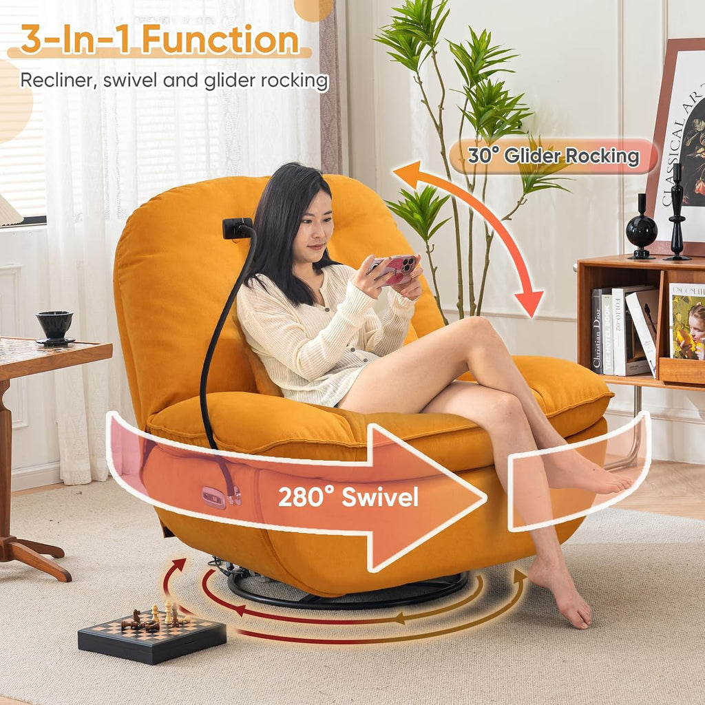 Smart Oversized Electric Recliner Chair, 360° Round Swivel Rocking Glider Rocker Chairs for Adults Modern Comfy Ergonomic Chaise Lounge Indoor, Theater Seating Living Room Reading, Soft Orange Fabric