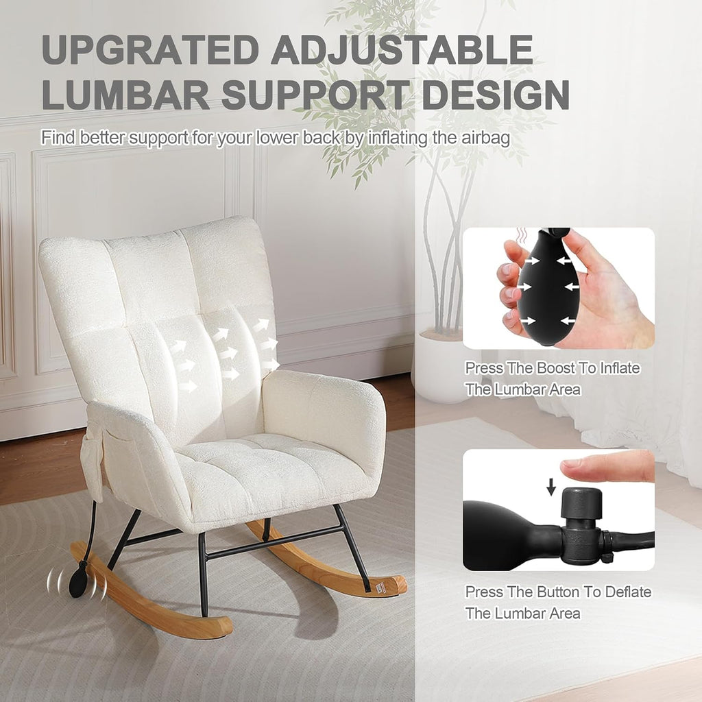 Rocking Chair Nursery with Airbag, Comfy Modern Nursery Rocking Reading Chair indoor, Cozy Upholstered Glider Rocker Chairs for Living Room Bedroom Offices, Sillas Mecedoras(Chenille, White)