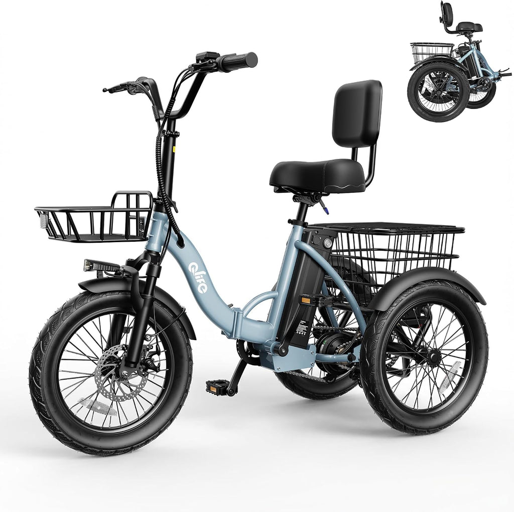 Qlife Triker Electric Bike, Peak 1200W Brushless Motor Folding Trike Ebike, 499Wh Removable Battery, Step-Thru 3 Wheel Electric Bicycle, Up to 55 Miles, 18 Tire Tricycle for Adults