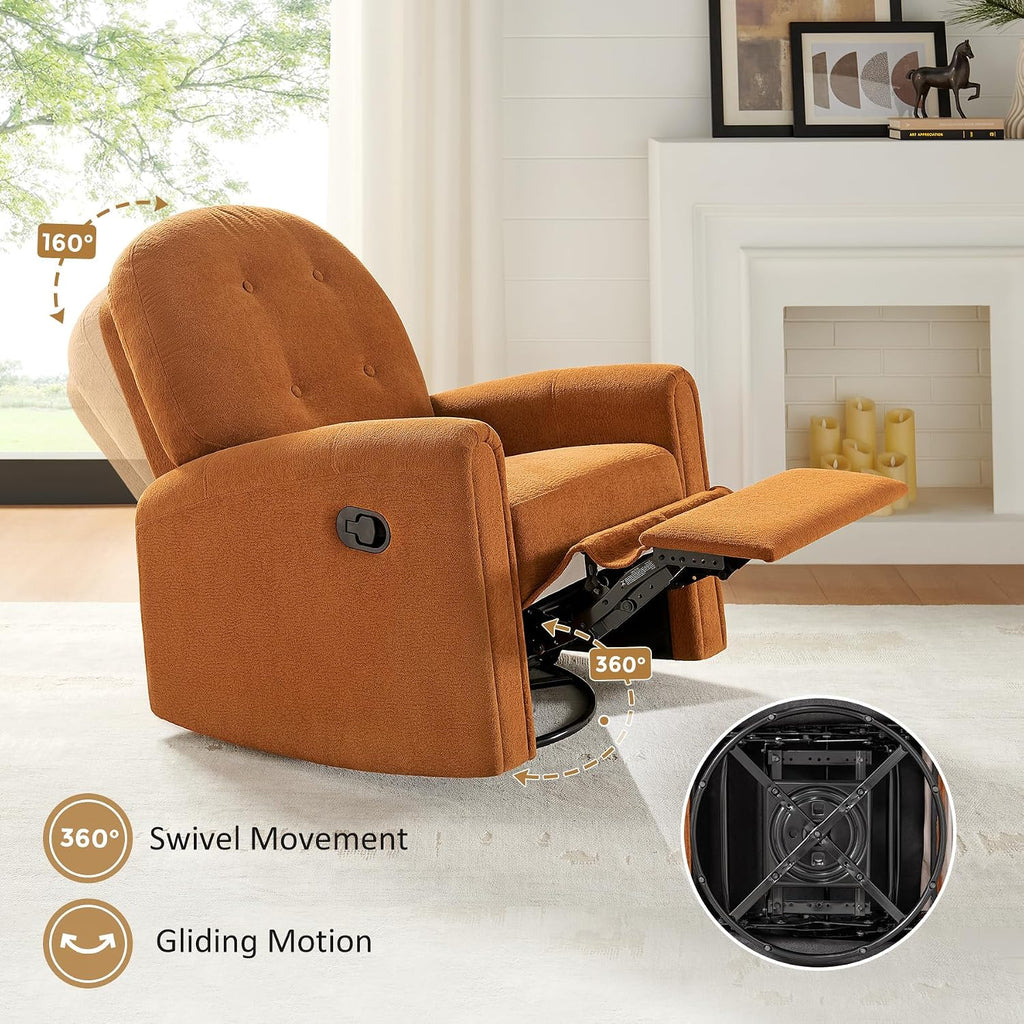 VANOMi 360 Swivel Rocker Recliner Chair, Nursery Rocking Chair with Tufted Backrest, Manual Recliner Chairs for Small Spaces, Upholstered Glider Nursing Chair for Living Room, Bedroom (Curry)