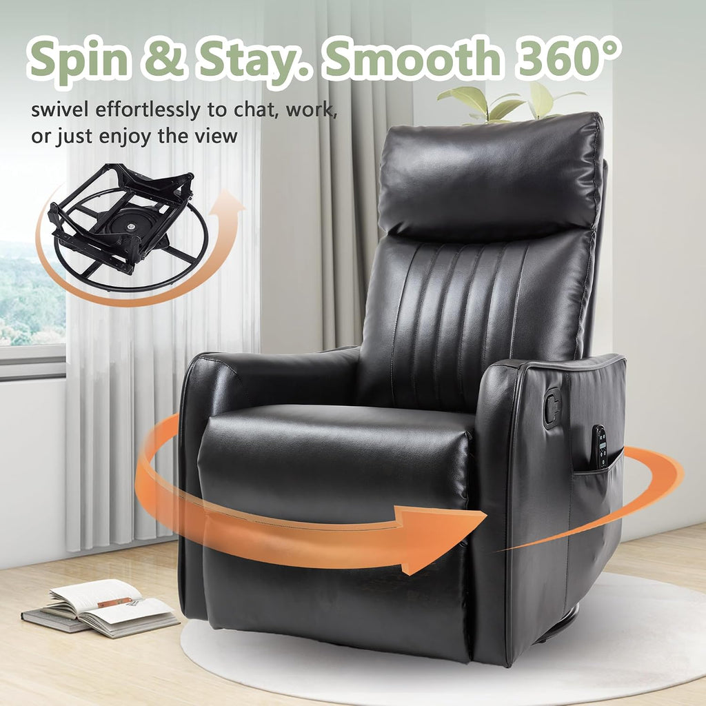 cinkehome Heated Massage Swivel Rocker Recliner Chair for Nursery - Small Space Reclining Chair with Lumbar Support, 360° Swivel & Gentle Rocking, Ergonomic High Back Faux Leather Black