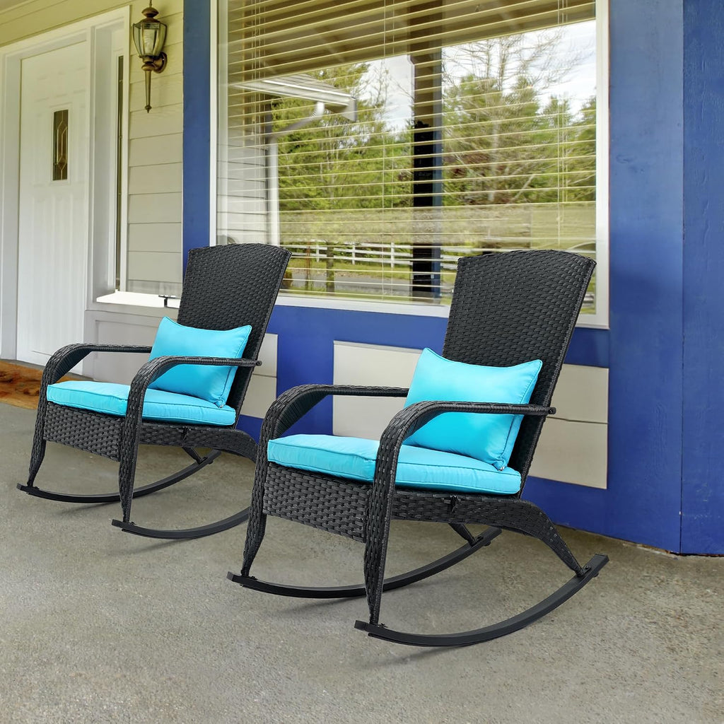 Outdoor Rocking Chair, Patio Rattan Rocker Chair with Cushions & Steel Frame, All Weather Porch Rocking Chair for Garden, Porch, Backyard, Poolside (Black Rattan & Teal Cushion, 320lbs)