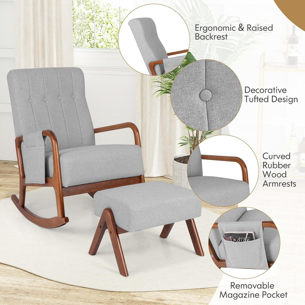 Giantex Rocking Chair with Ottoman, Upholstered Rocker Chair w/Solid Rubber Wood Frame, Side Pocket, Linen Nursery Chair w/Footrest, Tufted Glider Chair for Living Room, Bedroom, Grey