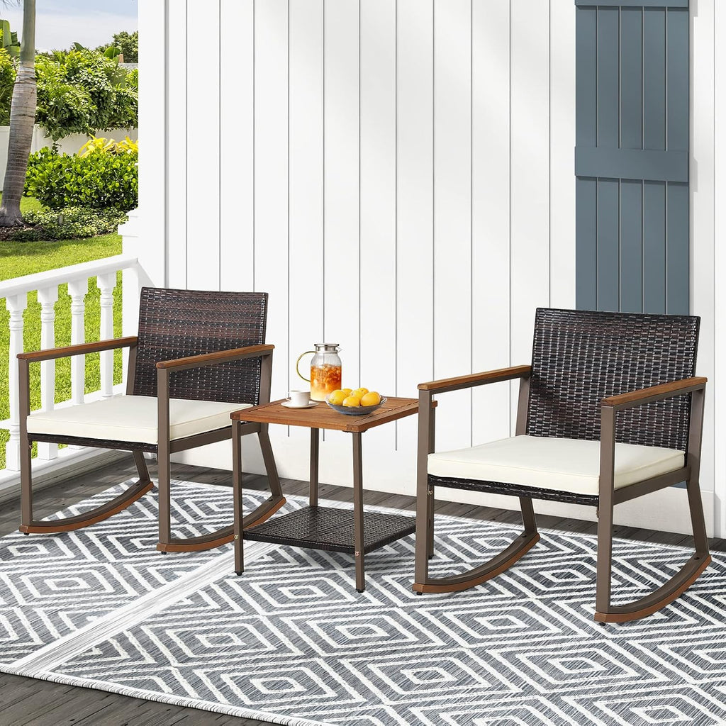 Tangkula 3 Pieces Rocking Bistro Set, Outdoor Rocker Chair with Coffee Table & Cushions, Patio Rattan Furniture Conversation Set for Balcony Porch Poolside (Off White)
