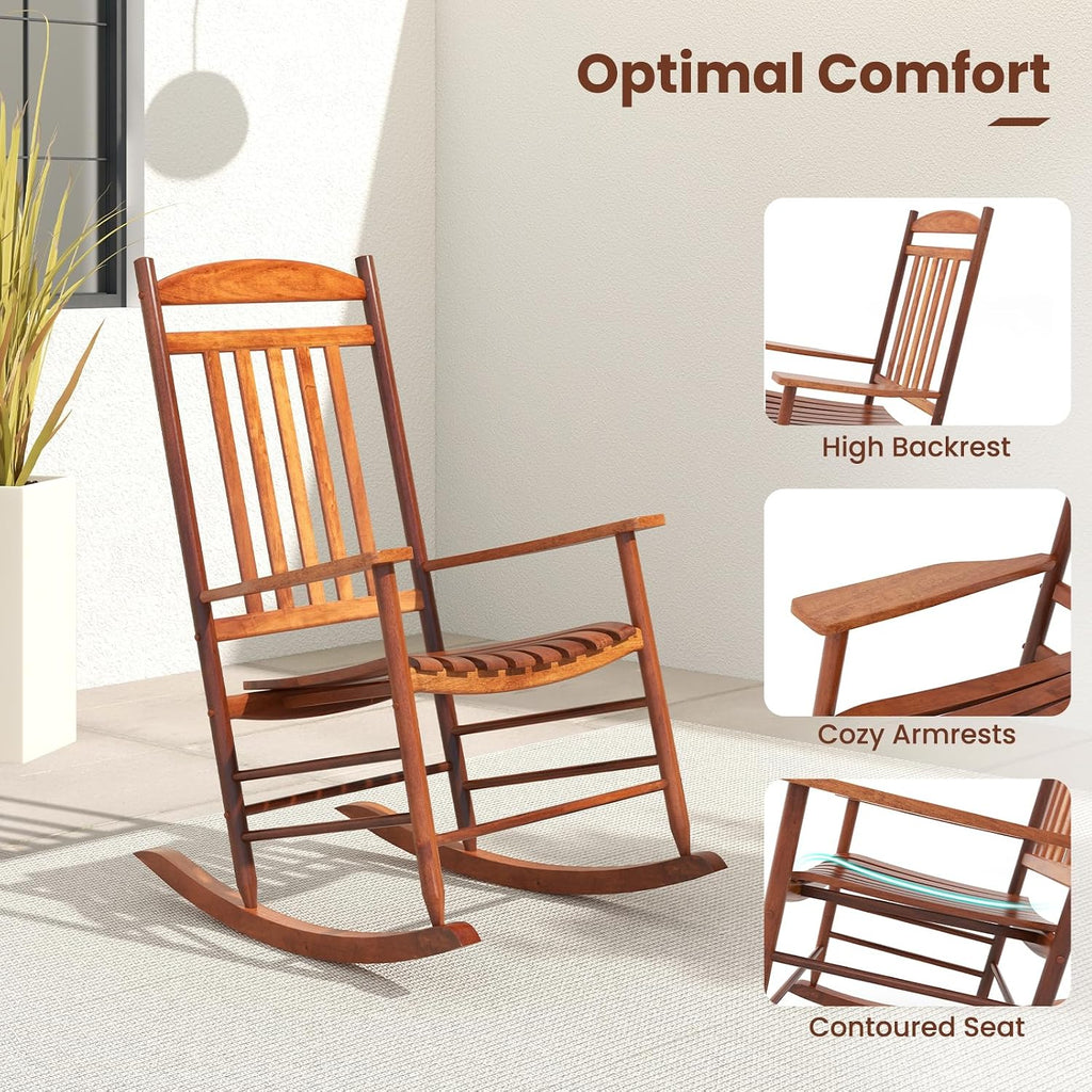 Tangkula 3-Piece Outdoor Poplar Wood Rocking Bistro Set, High Back Front Porch Rocker Chairs Conversation Set with Folding Coffee Table and Armrests, Outdoor Patio Furniture Set for Balcony Backyard