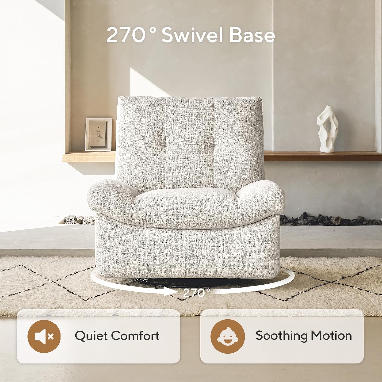 Nouhaus Swivel Rocking Chair Nursery, Oversized Glider Rocker Recliner Chairs w/Footrest, USB & Type-C Ports, Rocking Recliner Chair for Nursery, Living Room (Snooze Classic, Linen White)