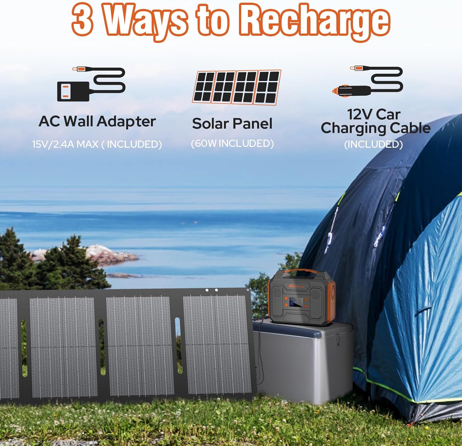 300W Portable Solar Power Station Generator with Foldable 60W Solar Panel Charger, 120W 110V Portable Power Bank with AC Outlet for Camping RV Van Home Outdoor Adventure Backup with USB C