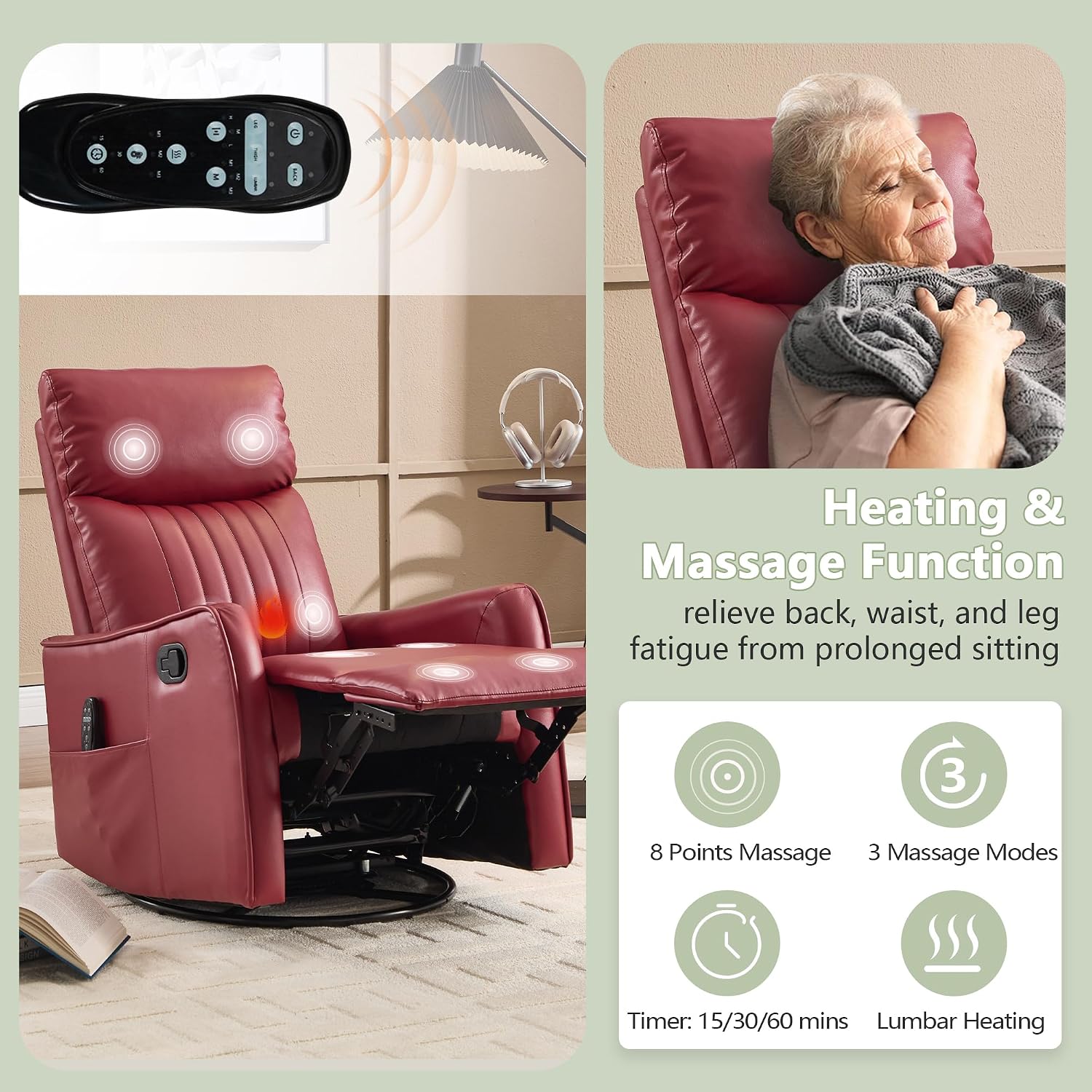 cinkehome Heated Massage Swivel Rocker Recliner Chair for Nursery - Small Space Reclining Chair with Lumbar Support, 360° Swivel & Gentle Rocking, Ergonomic High Back Faux Leather Red