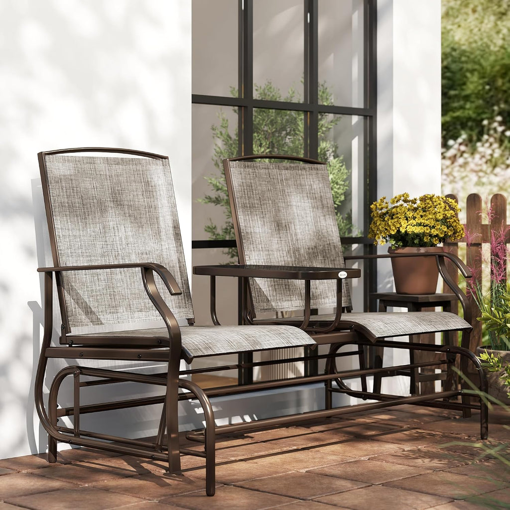 Outsunny Outdoor Glider Bench with Center Table, Metal Frame Patio Loveseat with Breathable Mesh Fabric and Armrests for Backyard Garden Porch, Brown