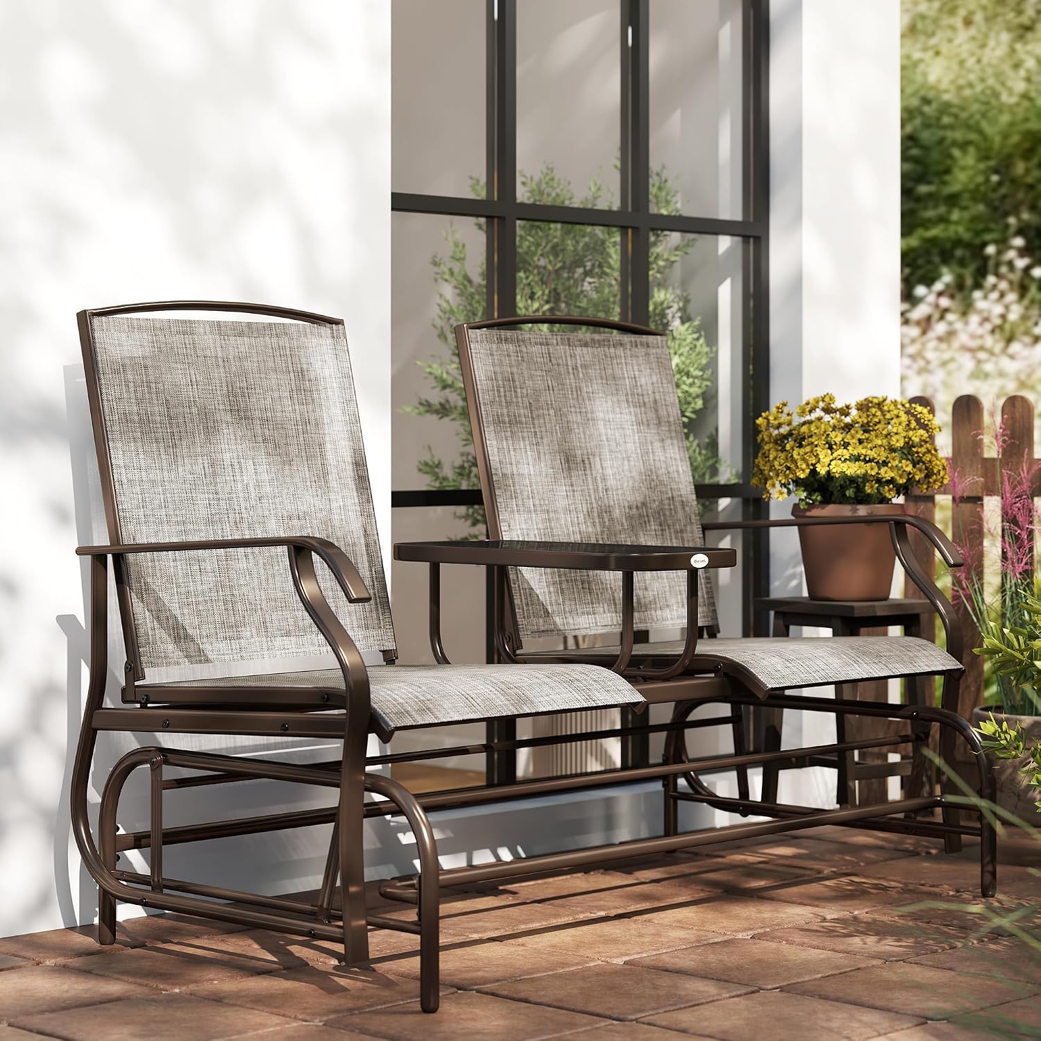 Outsunny Outdoor Glider Bench with Center Table, Metal Frame Patio Loveseat with Breathable Mesh Fabric and Armrests for Backyard Garden Porch, Brown