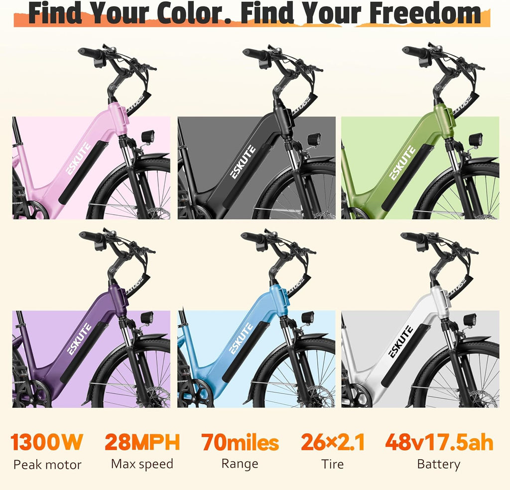 ESKUTE Electric Bike for Adults-1300w Peak Ebike, 28MPH Step Thru Electric Bicycle，70Miles 840 WH Removable Battery e-Bike, 7-Speed 26'' tire, Adjustable Stem,
