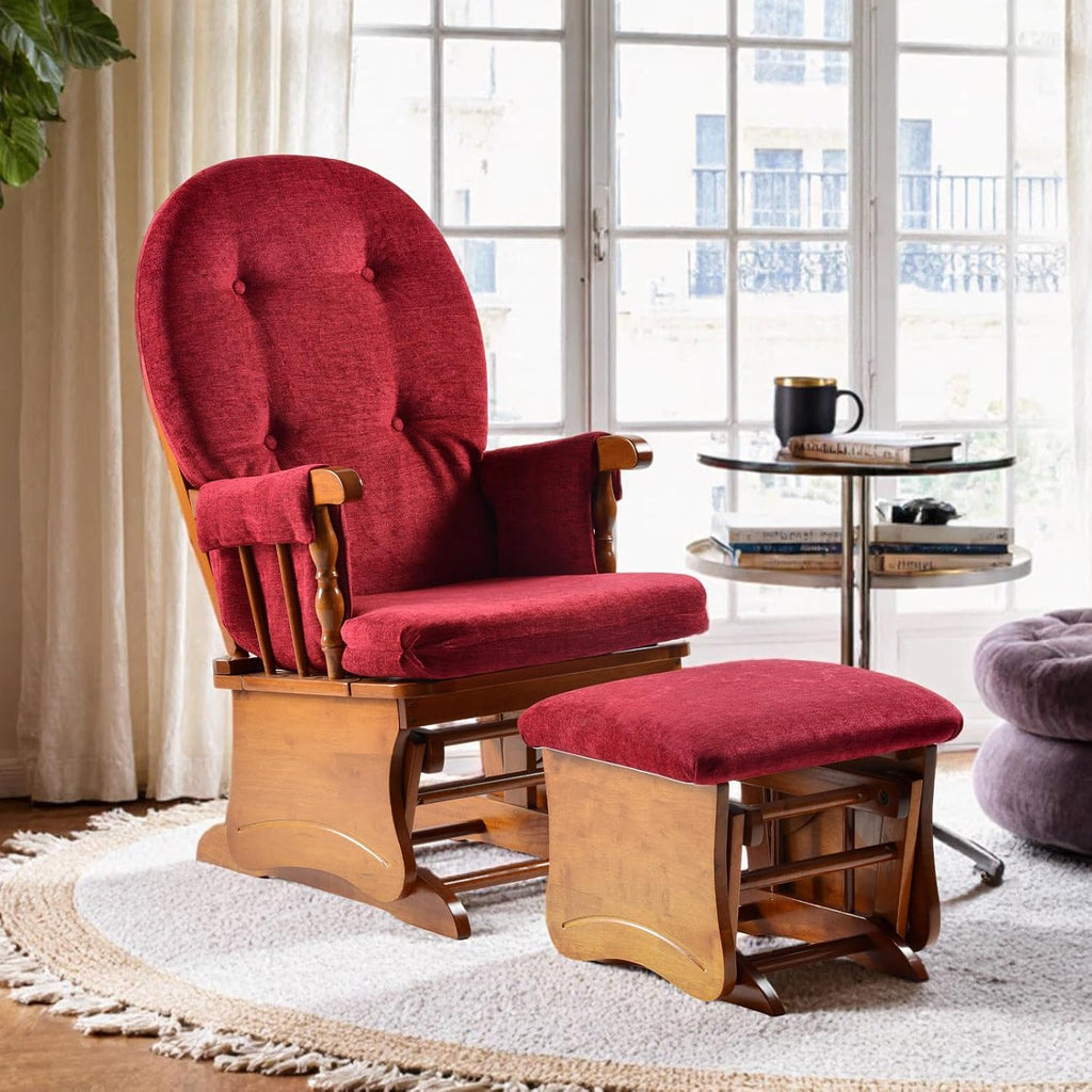 Gliding Rocking Chair with Ottoman for Nursery, Rubber Wood Rocking Chair Glider Rocker with Arm Rest, Chenille Padded Cushion for Living Room Bedroom, 280lbs Weight Capacity, Burgundy