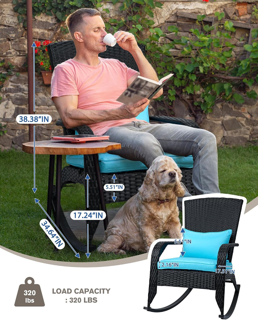 Outdoor Rocking Chair, Patio Rattan Rocker Chair with Cushions & Steel Frame, All Weather Porch Rocking Chair for Garden, Porch, Backyard, Poolside (Black Rattan & Teal Cushion, 320lbs)