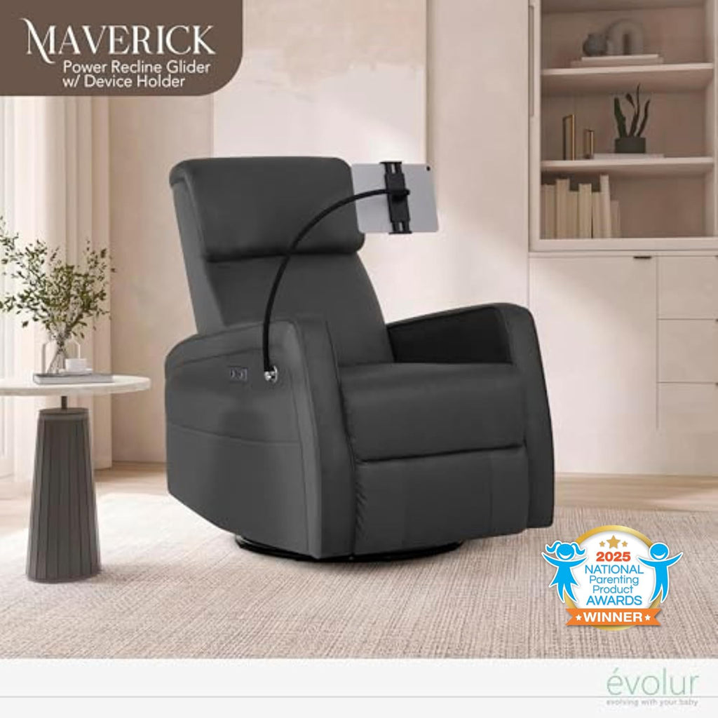 Evolur Maverick Upholstered Power Glider Recliner with Device Holder – Swivel, Rocking & Smooth Power Recline – Greenguard Gold & FSC Certified, Modern Nursery and Living Room Chair in Tempered Grey