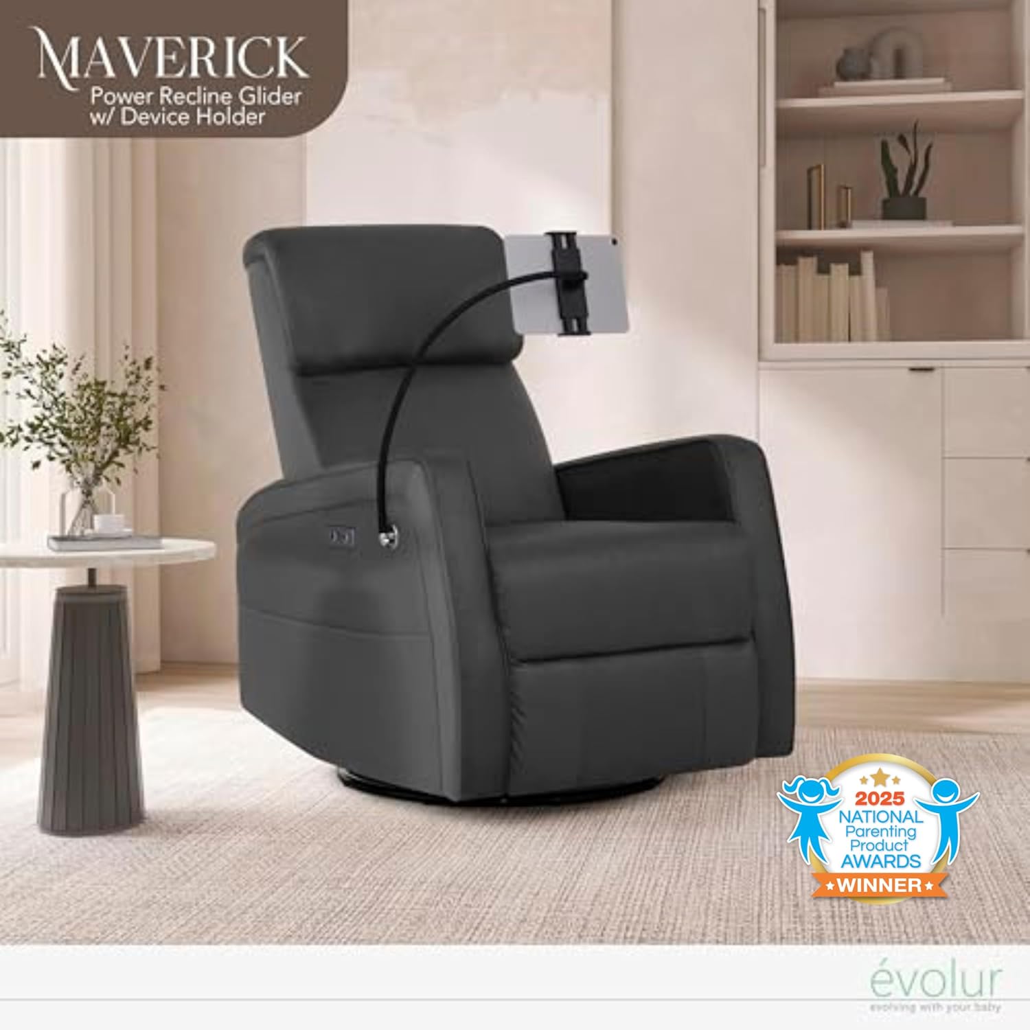 Evolur Maverick Upholstered Power Glider Recliner with Device Holder – Swivel, Rocking & Smooth Power Recline – Greenguard Gold & FSC Certified, Modern Nursery and Living Room Chair in Tempered Grey