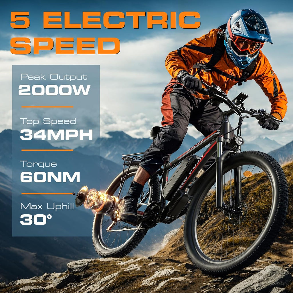 Electric Bike for Adults with Peak 2000W, Max 34 mph 30-80 Miles Commuting Electric Mountain Bike, 48V 17.5Ah Removable Battery 21-Speed Disc Brakes, 29' Tires and Front Suspension