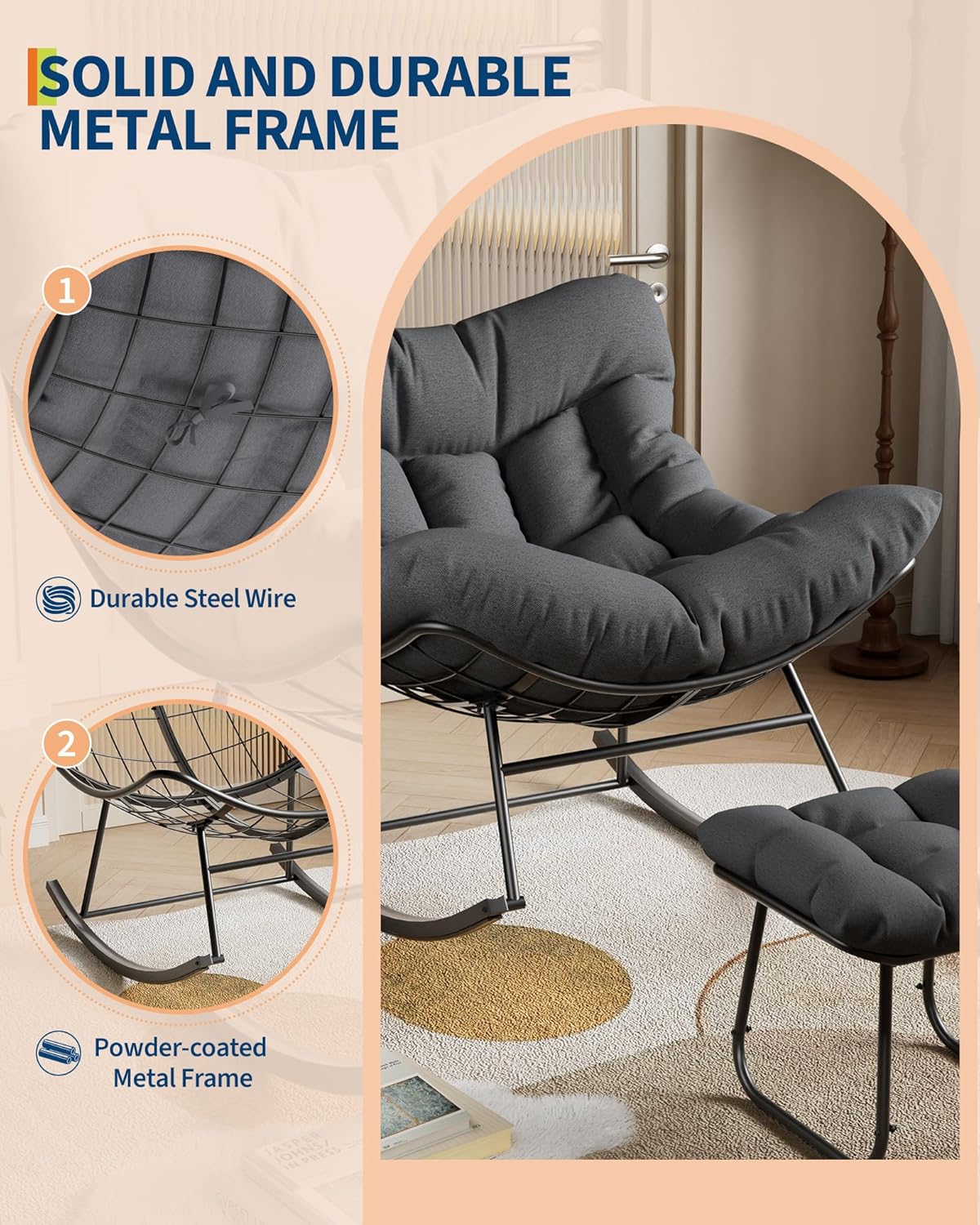 GarveeLife Oversized Papasan Rocking Chair with Footrest, Outdoor Lounge Chair with Ottoman and Sturdy Metal Frame, Patio Rattan Egg Rocker for Balcony Backyard Porch Bedroom, Grey