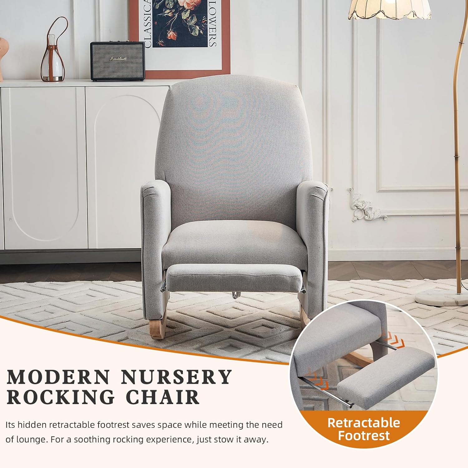 Rocking Chair Nursery with Foot Rest, Nursing Rocking Chair with High Backrest, Glider Rocker Chair for Living Room, Bedroom, Nursery(Cotton Linen Light Gray)