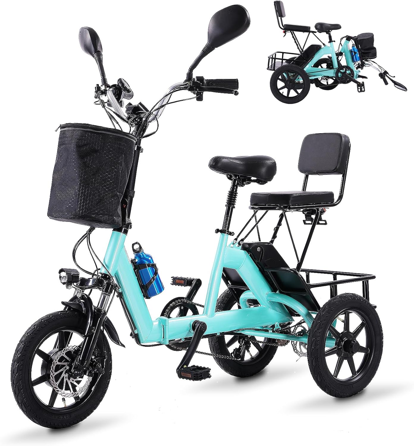 E Trike Electric Bike, 350W(Peak 500W) Brushless Motor Folding Trike, 2 Seats Ebike, 480Wh Removable Battery, Step-Thru 3 Wheel Electric Bicycle, Up to 45 Miles, Tricycle for Adults Parents