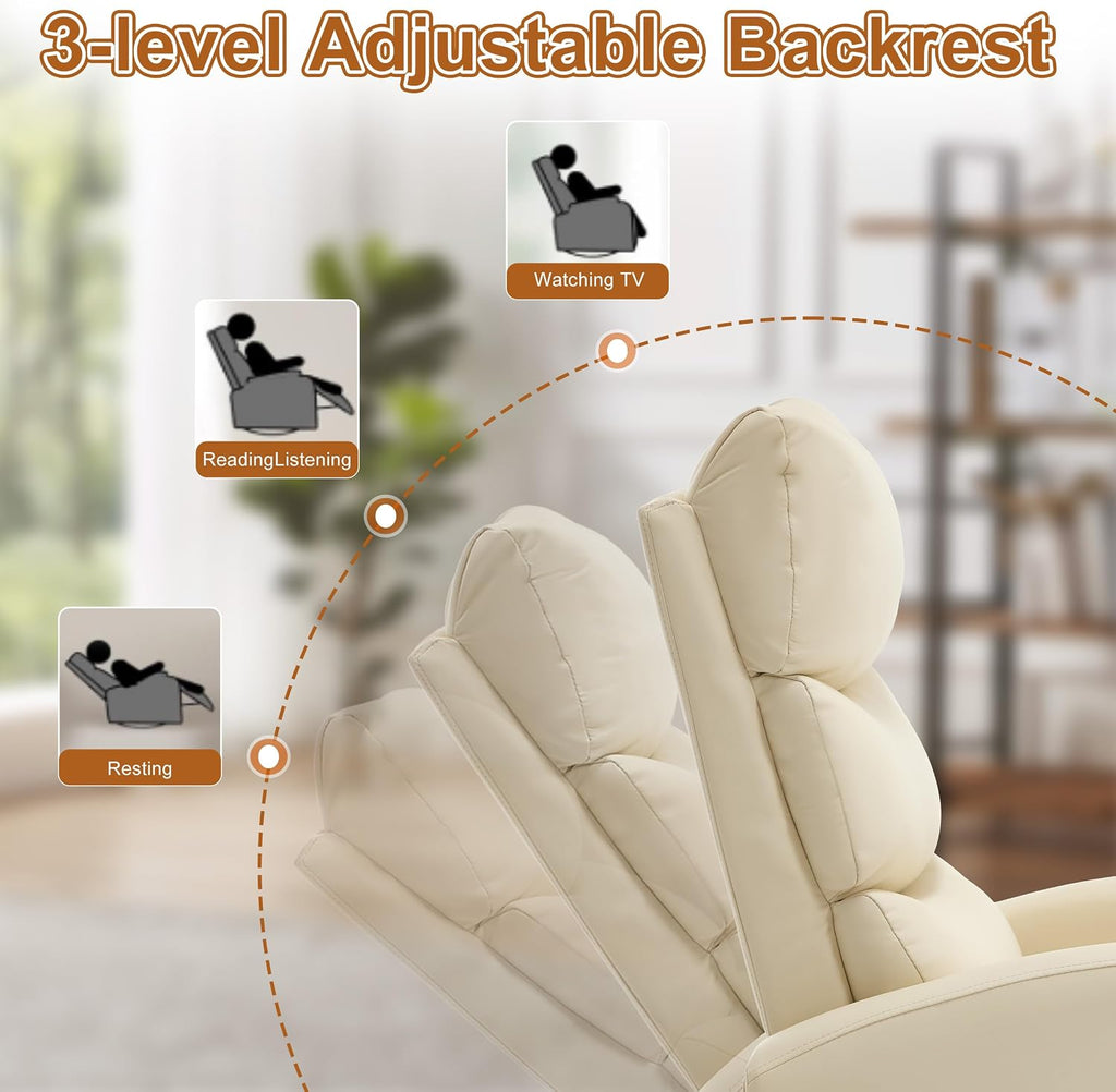 Manual Swivel Rocker Recliner Chair for Adults, Overstuffed Reclining Glider Chair for Nursing with Vibration Massage & Heat, Living Room Rocking Recliner 3-Stage backrest, Faux Leather Light Yellow
