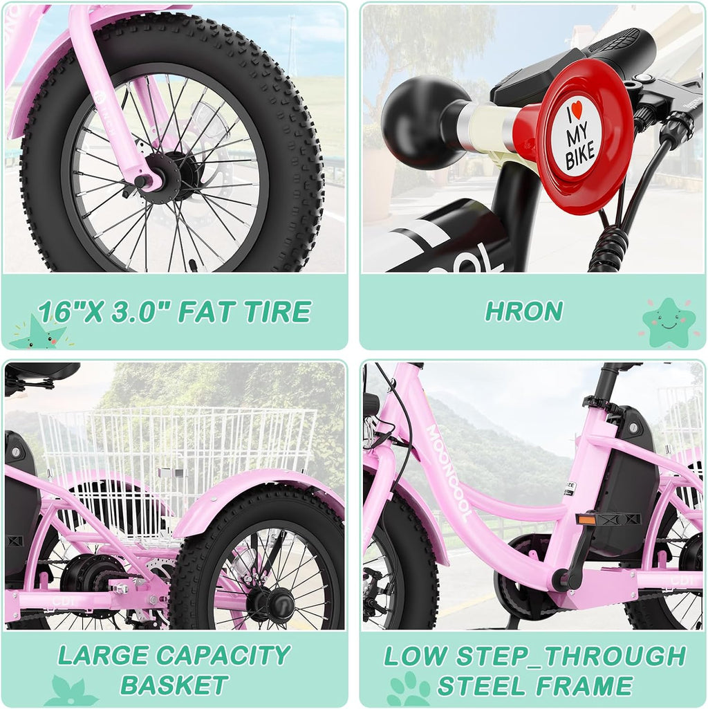 LILYPELLE Electric Tricycle for Youth, 250W Aluminum Frame Electric Tricycle Etrike, 16IN 3 Wheels Electric Bicycle Bikes, 3.0 Fat Tire Electric Trike with Removable Battery and Rear Basket