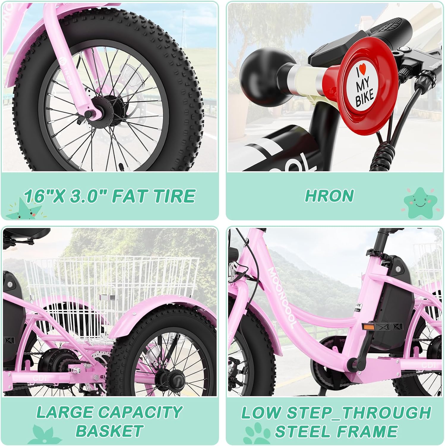 LILYPELLE Electric Tricycle for Youth, 250W Aluminum Frame Electric Tricycle Etrike, 16IN 3 Wheels Electric Bicycle Bikes, 3.0 Fat Tire Electric Trike with Removable Battery and Rear Basket