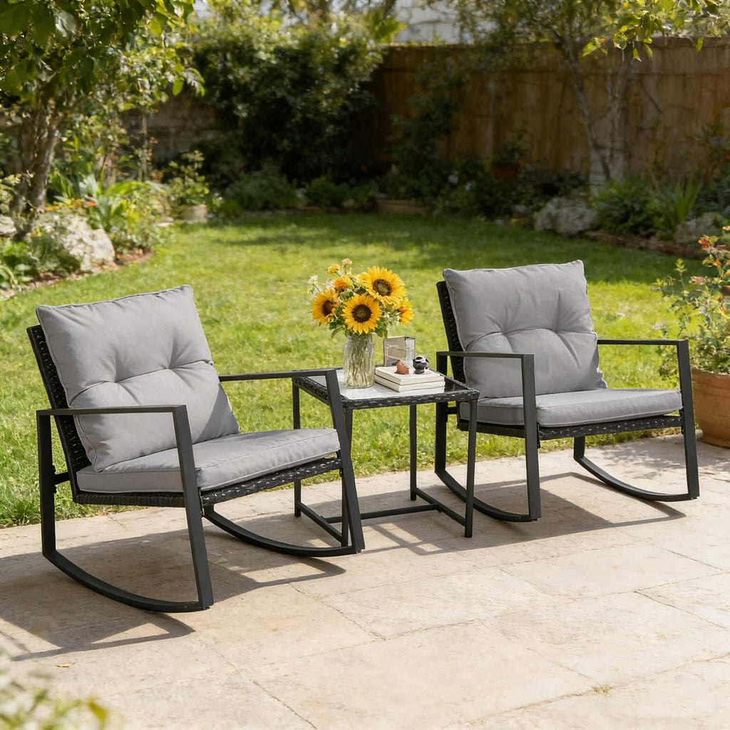 SUNCROWN 3 Piece Outdoor Rocking Bistro Set Black Wicker Furniture Porch Chairs Conversation Sets with Glass Coffee Table, Dark Grey
