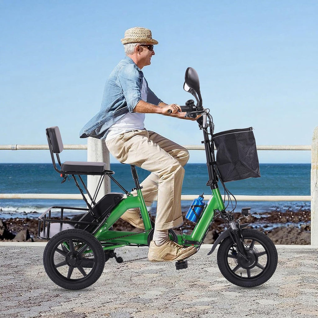 E Trike Electric Bike, 350W(Peak 500W) Brushless Motor Folding Trike, 2 Seats Ebike, 480Wh Removable Battery, Step-Thru 3 Wheel Electric Bicycle, Up to 45 Miles, Tricycle for Adults Parents