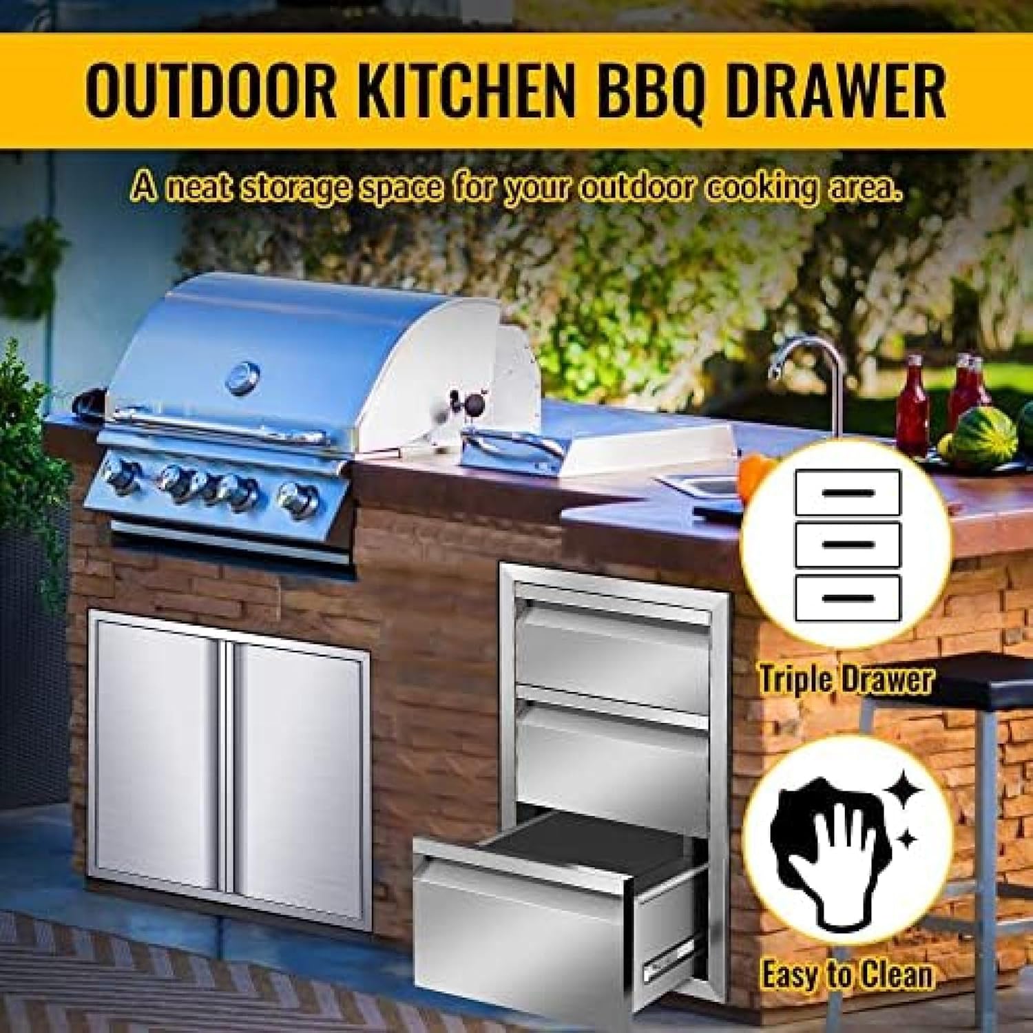 Outdoor Kitchen Drawer Stainless Steel BBQ Triple Drawer Flush Mount for Outdoor Kitchen Island,-17W X 30H X 21D Inch