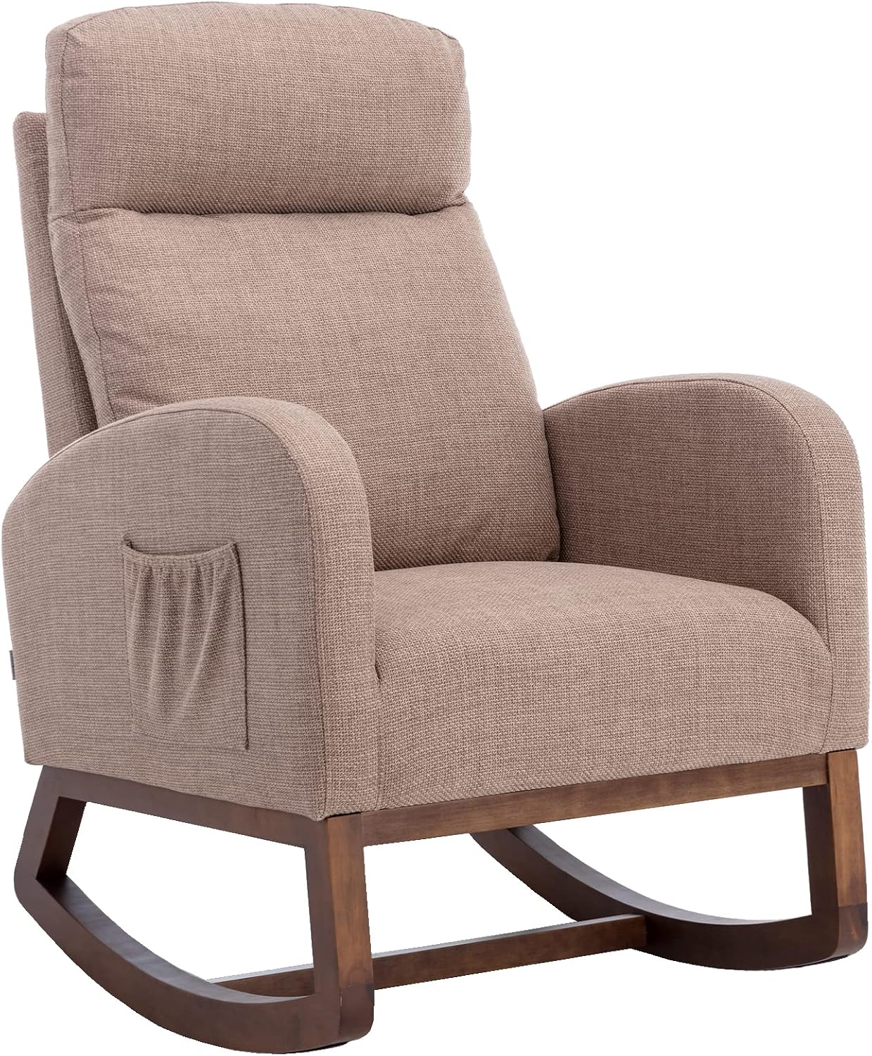 Modern Rocking Chair with Breathable Yellow Linen & Solid Wood Legs - Recliner Glider Armchair Featuring Side Pocket, High Back Support for Nursery, Living Room, Bedroom (Camel)