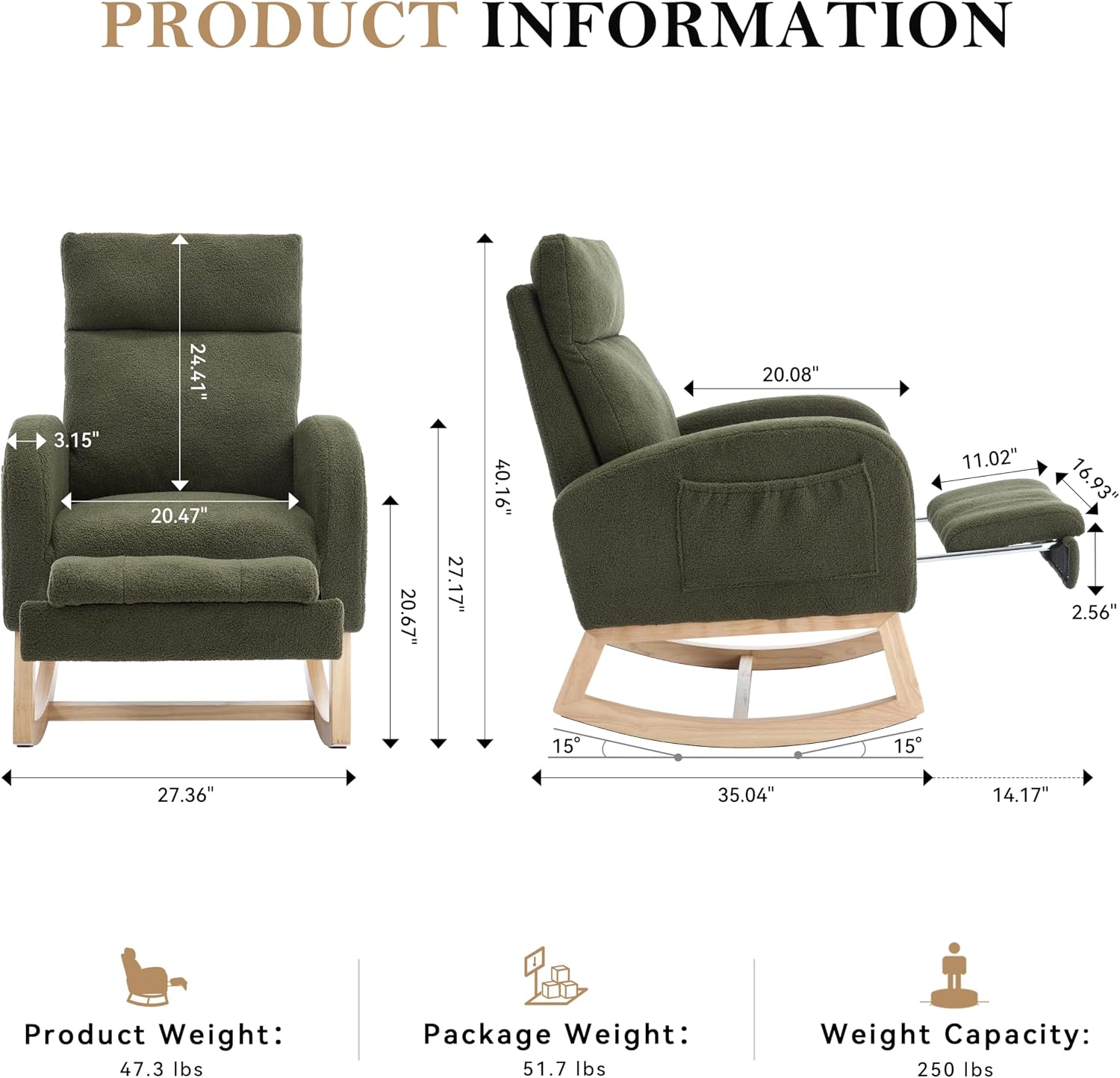 Setawix Teddy Rocking Glider Chair with Footrest for Nursery,Upholstered Living Room Rocker Arm Chair,Leisure Rocking Armchair,Mid Century Modern Rocking Accent Chair with Side Pockets (Teddy Green)