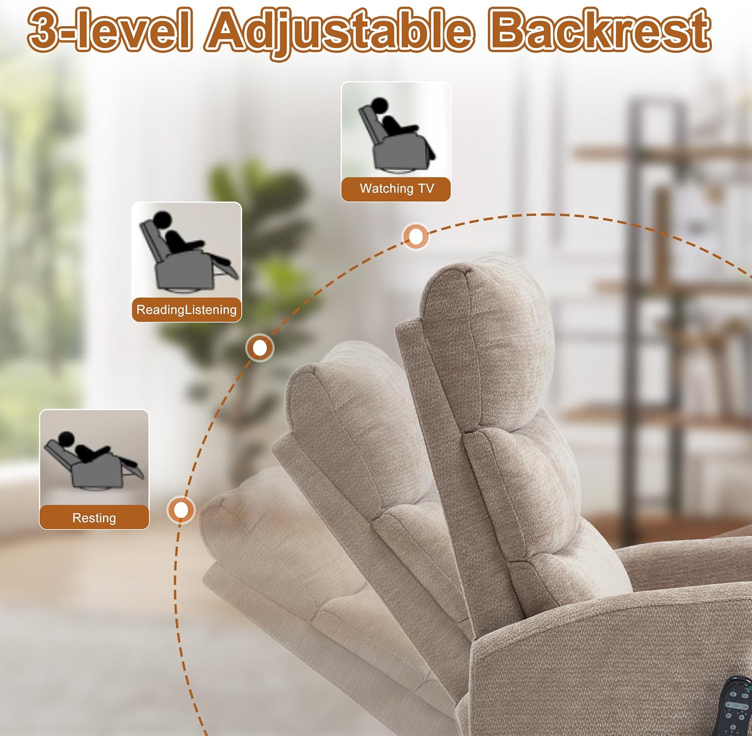 Manual Swivel Rocker Recliner Chair for Adults, Overstuffed Reclining Glider Chair for Nursing with Vibration Massage & Heat, Living Room Rocking Recliner 3-Stage backrest, Chenille Fabric Khaqi