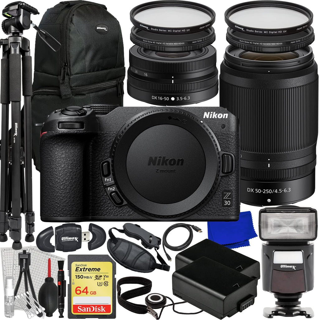 Ultimaxx Deluxe Bundle + Nikon Z30 Mirrorless Camera with 16-50mm & 50-250mm Lenses + SanDisk 64GB Extreme SDXC, Universal Speedlite, 60' Tripod, 2x Batteries, Sling Backpack & Much More (33pc Bundle)