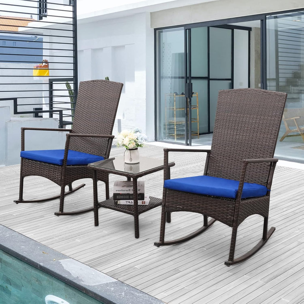 Outdoor HDPE Wicker Rocking Chair 3-Piece Patio Rattan Bistro Set 2 Rocker Armchair and Glass Coffee Side Table Furniture Washable Lacing Cushions, Blue