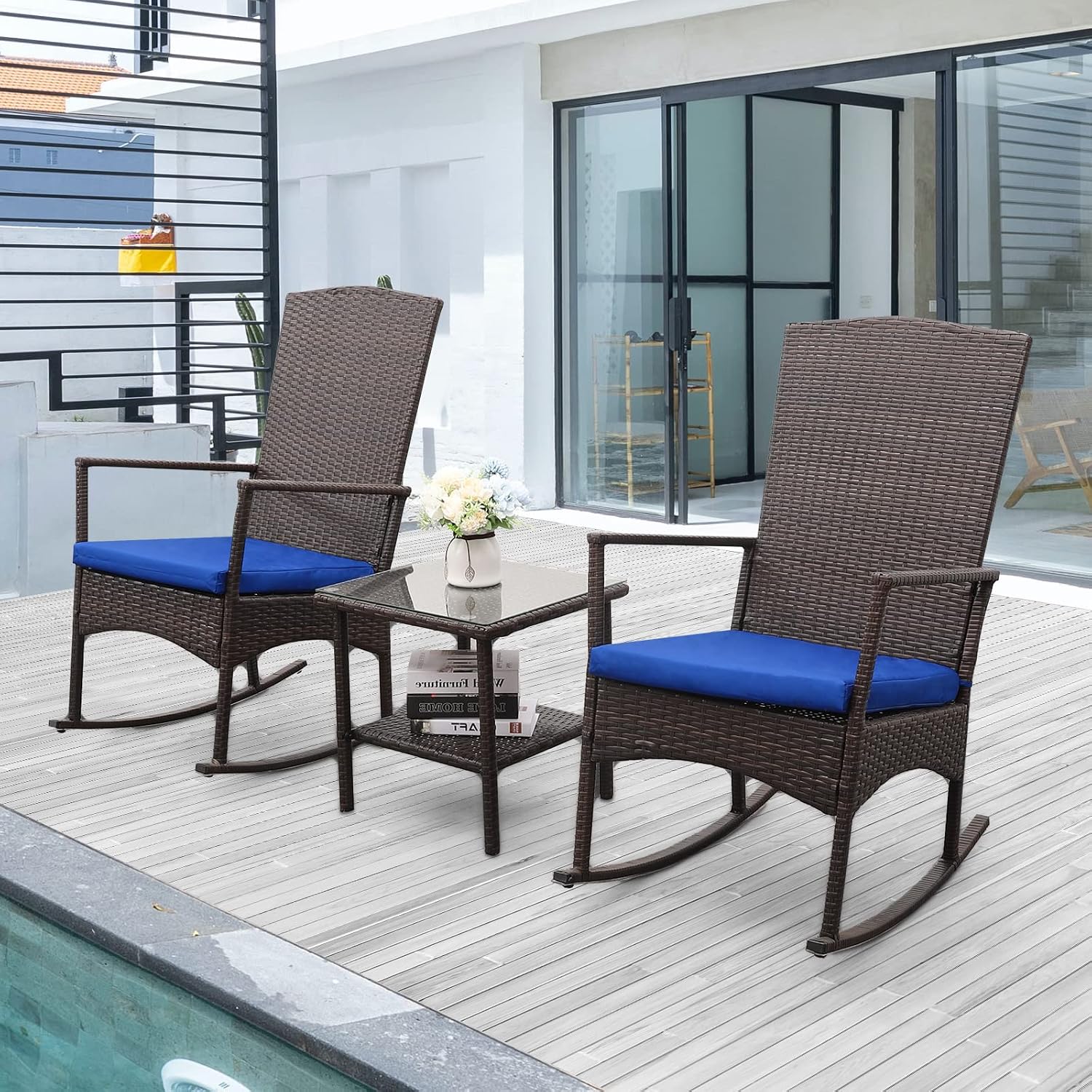 Outdoor HDPE Wicker Rocking Chair 3-Piece Patio Rattan Bistro Set 2 Rocker Armchair and Glass Coffee Side Table Furniture Washable Lacing Cushions, Blue