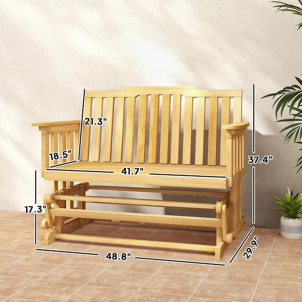 Outsunny 2-Person Patio Swing Glider Bench with Quick Drying Design and Wide Armrest, Wood Rocking Chair Loveseat for Backyard Garden Porch, Natural