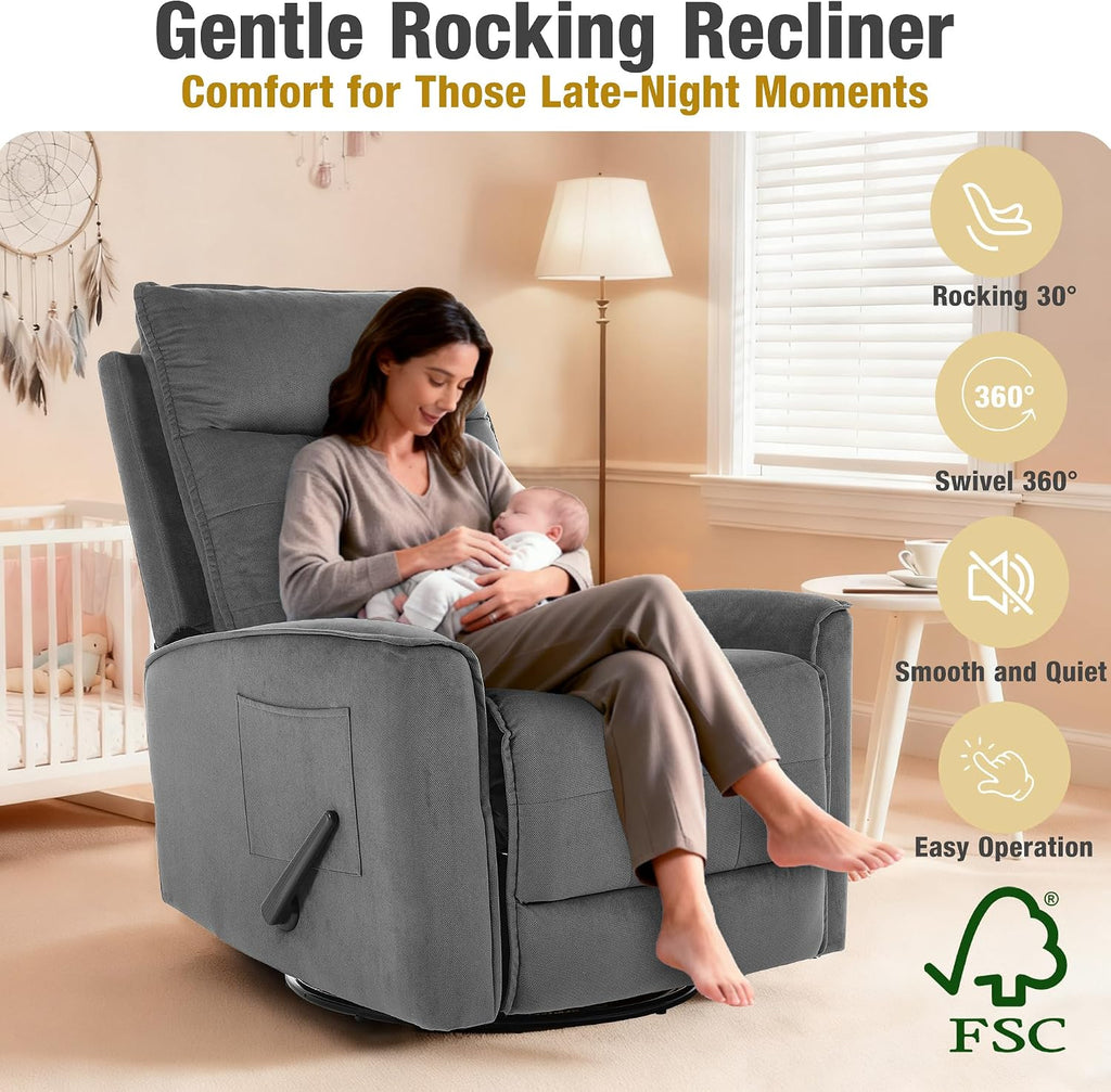 Swivel Rocker Recliner Chair, Rocking Chair, Small Swivel Recliner for Small Spaces, Living Room, RV(Dark Grey)