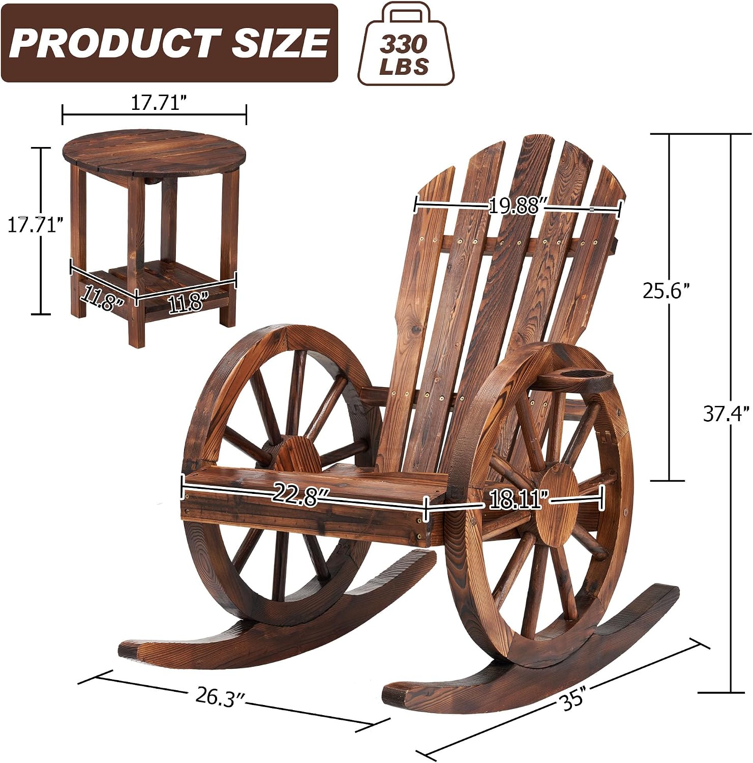 AHB Outdoor Wooden Rocking Chairs Set, Wagon Wheel Armrest Yard Glider Patio Chair with Small Table for Coffee Break, Adirondack Rocking Chair for Summer Lawn Garden Balcony, Brown (4 PCS)