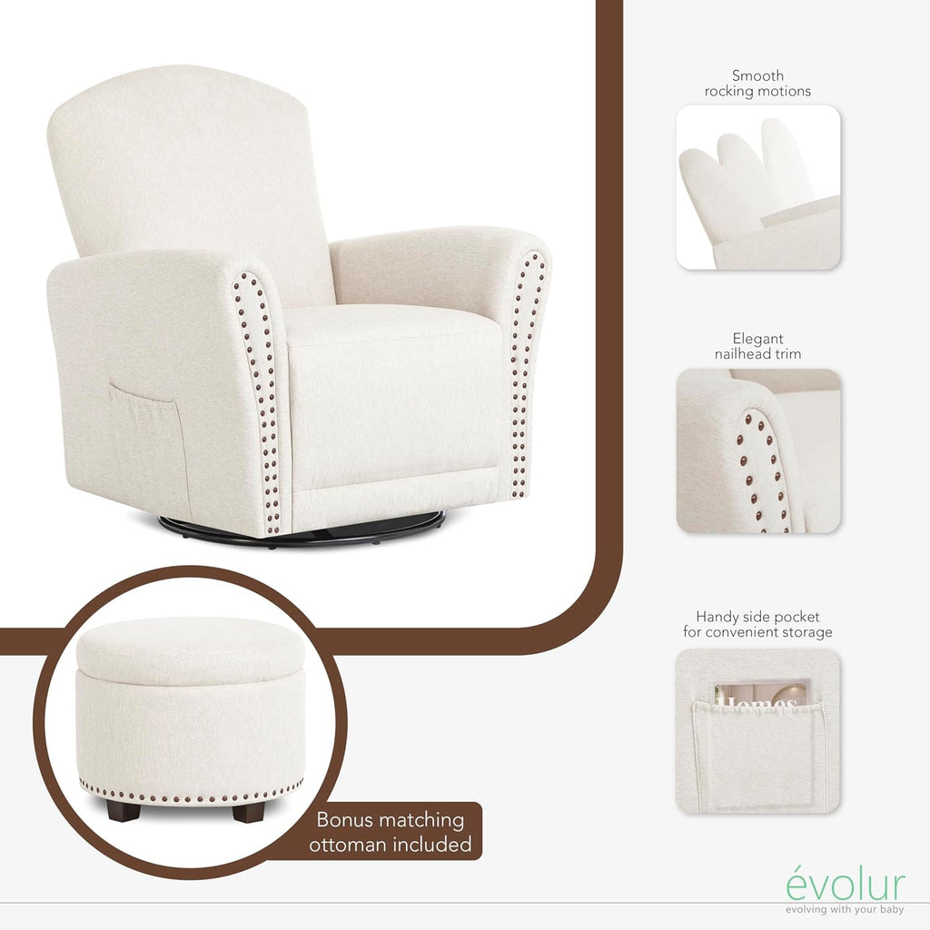 Evolur Vienna Swivel Glider with Ottoman, FSC Certified, Greenguard Gold and JPMA Certified Glider Rocking Chair, 360° Swivel Motion, Ergonomic Design Nursery Glider, Sweet Cream