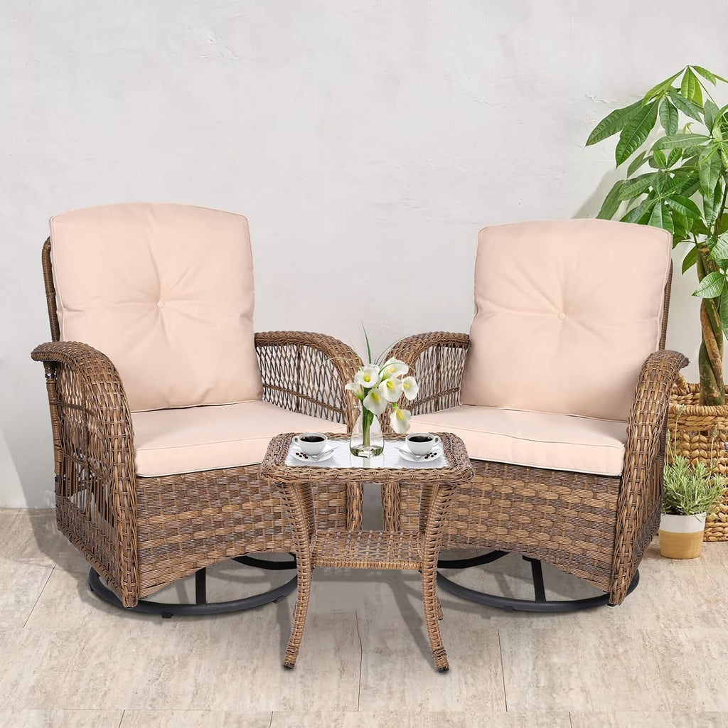 VIVIJASON 3-Piece Outdoor Conversation Bistro Set, Patio Swivel Glider Rocking Chairs Rattan Furniture Sets w/ 2 Rattan Chairs, Cushions, Glass Top Side Table for Porch Backyard, Light Brown