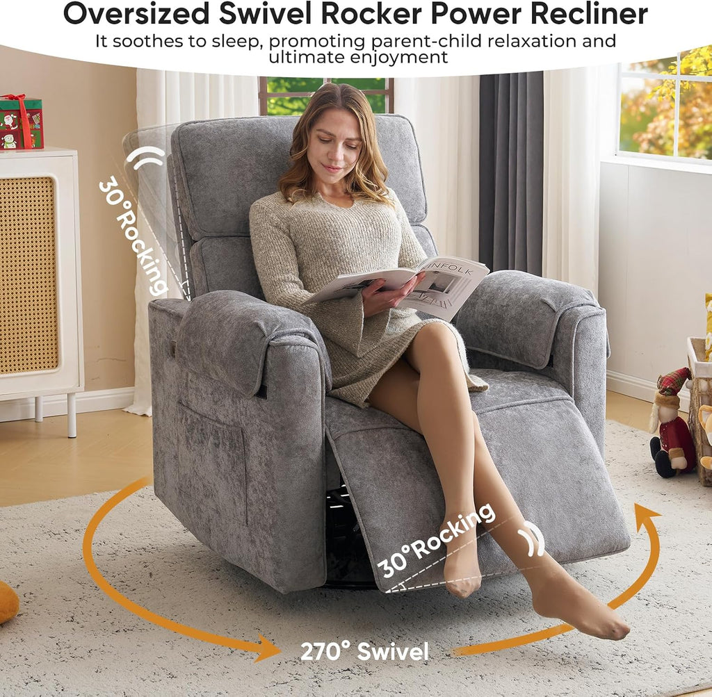 Oversized Power Recliner Chair, 26' Extra Wide Swivel Rocker Recliner with Adjustable Headrest, Chenille Glider Rocking Nursery Chair with Overstuffed Armrest, USB Ports, Grey