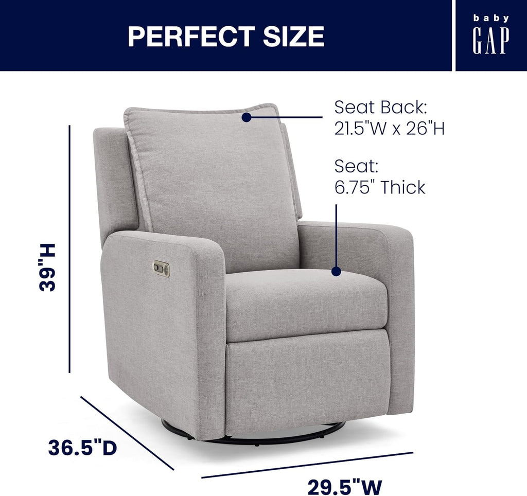 babyGap Harlowe Power Recliner with USB-A & Charging Port by Delta Children - Greenguard Gold Certified – Stain-Resistant Performance Fabric is Oeko-TEX Standard 100 Certified, Ash