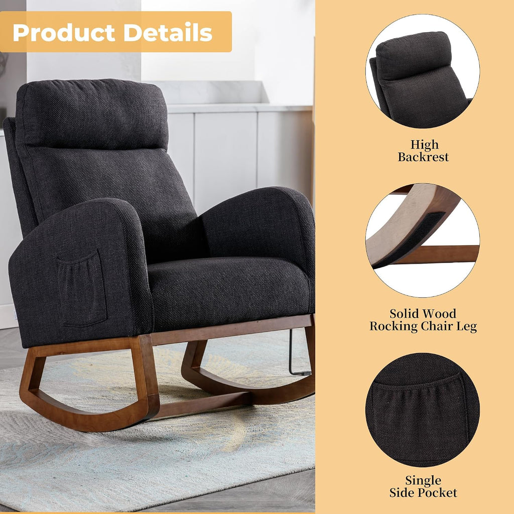 Modern Rocking Chair with Breathable Yellow Linen & Solid Wood Legs - Recliner Glider Armchair Featuring Side Pocket, High Back Support for Nursery, Living Room, Bedroom (Black)