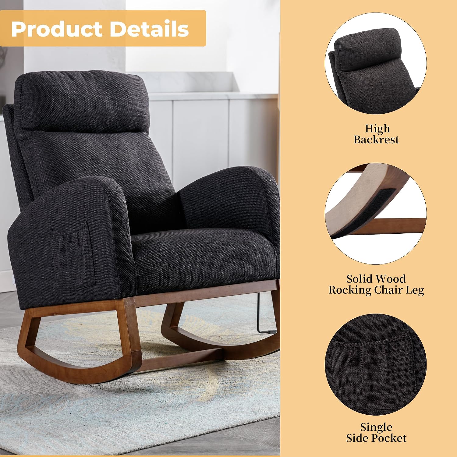 Modern Rocking Chair with Breathable Yellow Linen & Solid Wood Legs - Recliner Glider Armchair Featuring Side Pocket, High Back Support for Nursery, Living Room, Bedroom (Black)