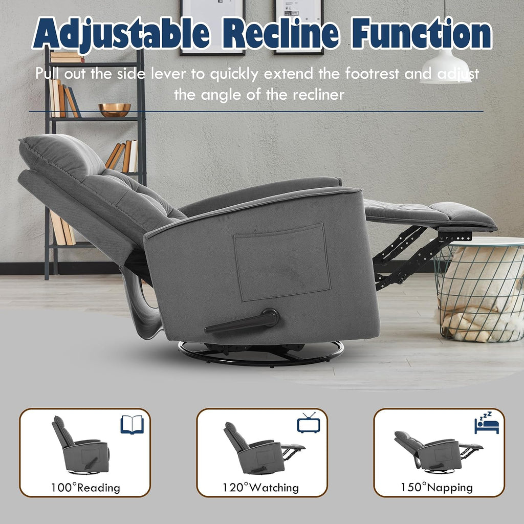 Manual Rocker Recliner Chair Nursery Glider Chair for Adult with High Back&Deep Seat Swivel Rocking Recliner Chair for Living Room Bedroom RV Nursing Grey