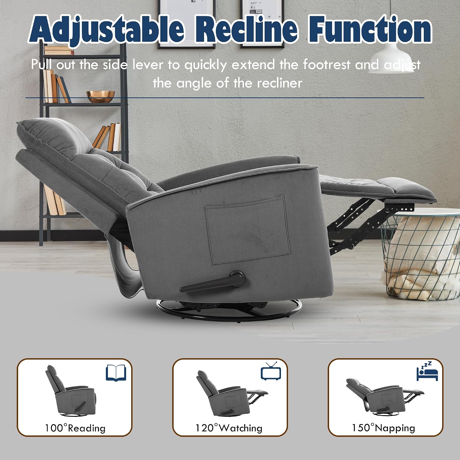 Manual Rocker Recliner Chair Nursery Glider Chair for Adult with High Back&Deep Seat Swivel Rocking Recliner Chair for Living Room Bedroom RV Nursing Grey