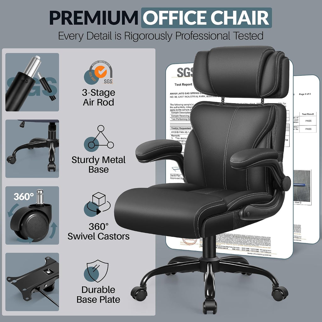 Office Chair, Ergonomic Big and Tall Computer Desk Chair with Retractable Adjustable Headrest, Executive Breathable Leather Chair, Lumbar Support Swivel PC Chair with Flip-up Armrests Rocking Function