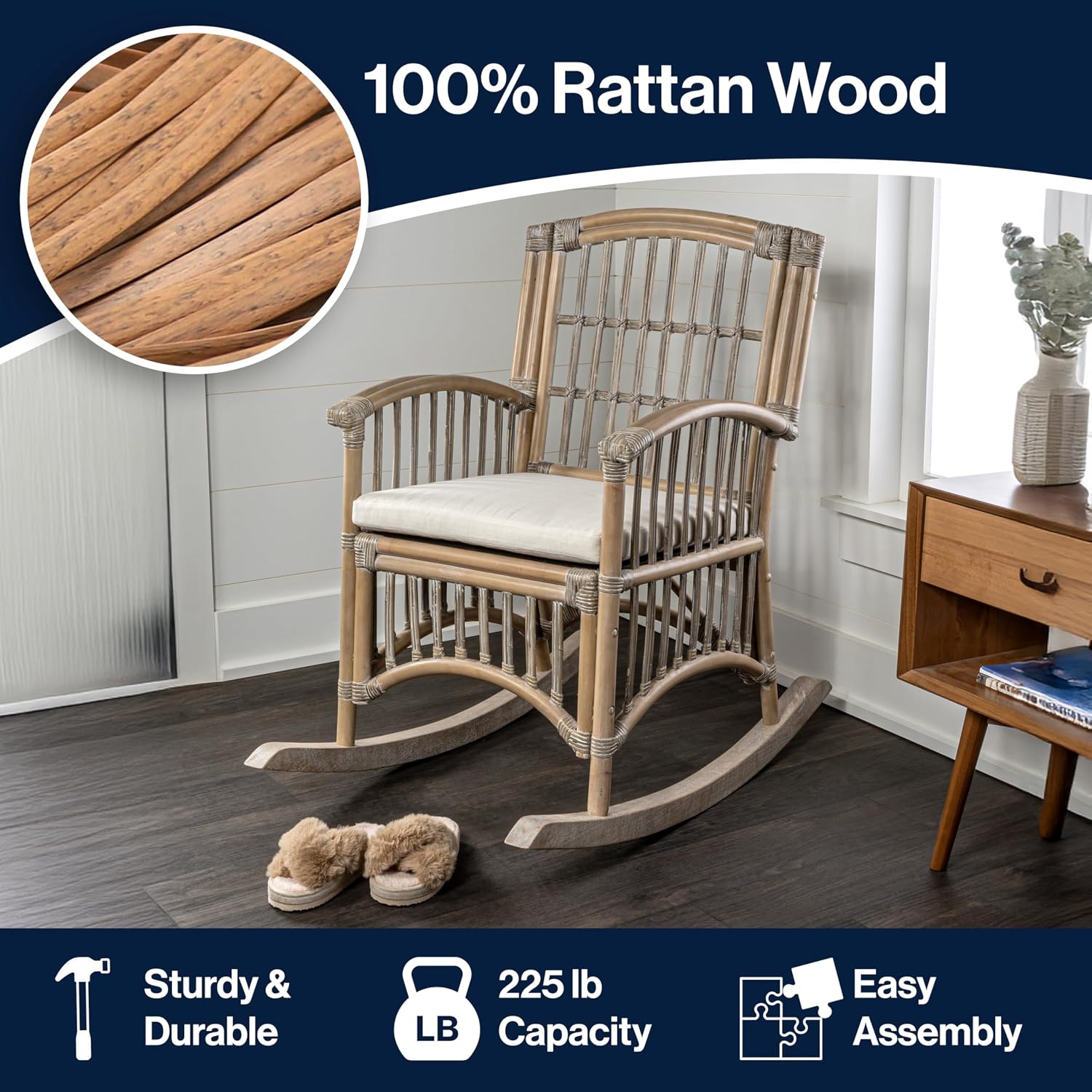 JONATHAN Y RCK200B Swayze Bohemian Farmhouse Woven Rattan/Wood Rocking Chair White Cushion with Gray/White Wash Frame for Home, Living Room, Bedroom, Guestroom, Foyer, Library