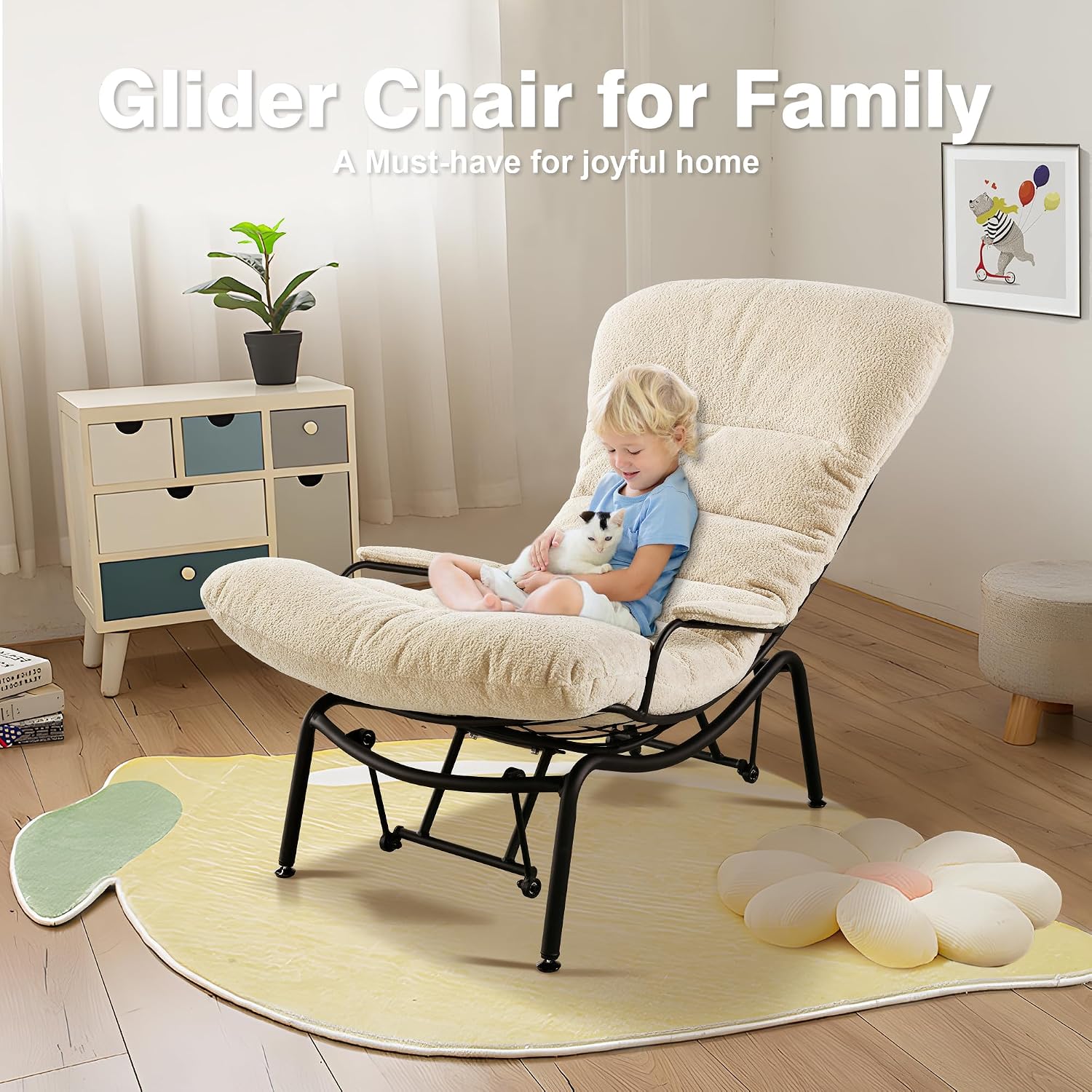 ovios Rocking Chair with Ottoman, Glider Recliner with Footrest, Lazy Accent Armchair with Comfy Cushion for Living Room Bedroom Office, Cloud Plush Velvet, Beige