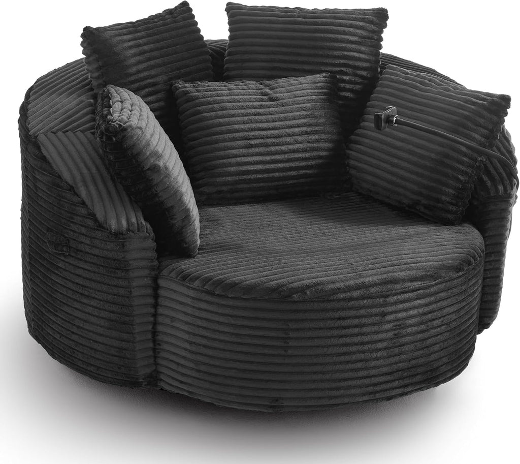 JIVOIT 360° Swivel Accent Chair with 5 Throw Pillows, Adjustable Phone Holder, Corduroy Fabric Round Sofa Chair Barrel Chair with Semi-Wraparound Design for Living Room, Office and Hotel (Black,1)